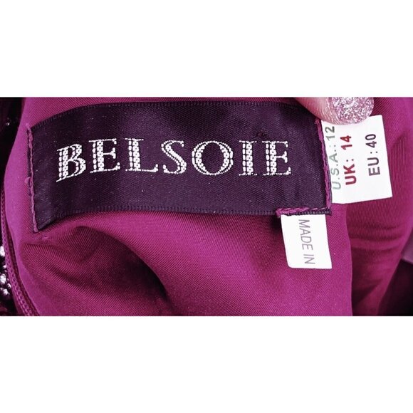 Belsoie Sz 12 V Neck Eyelash Lace Sheath Shift Dress Scalloped Berry Bridesmaid - Picture 6 of 7